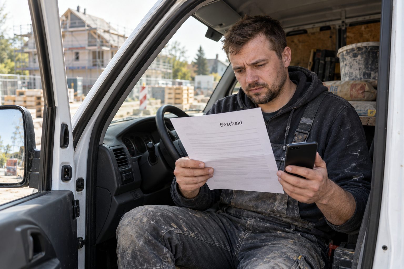 Właściciel firmy czyta pismo z urzędu w kabinie busa