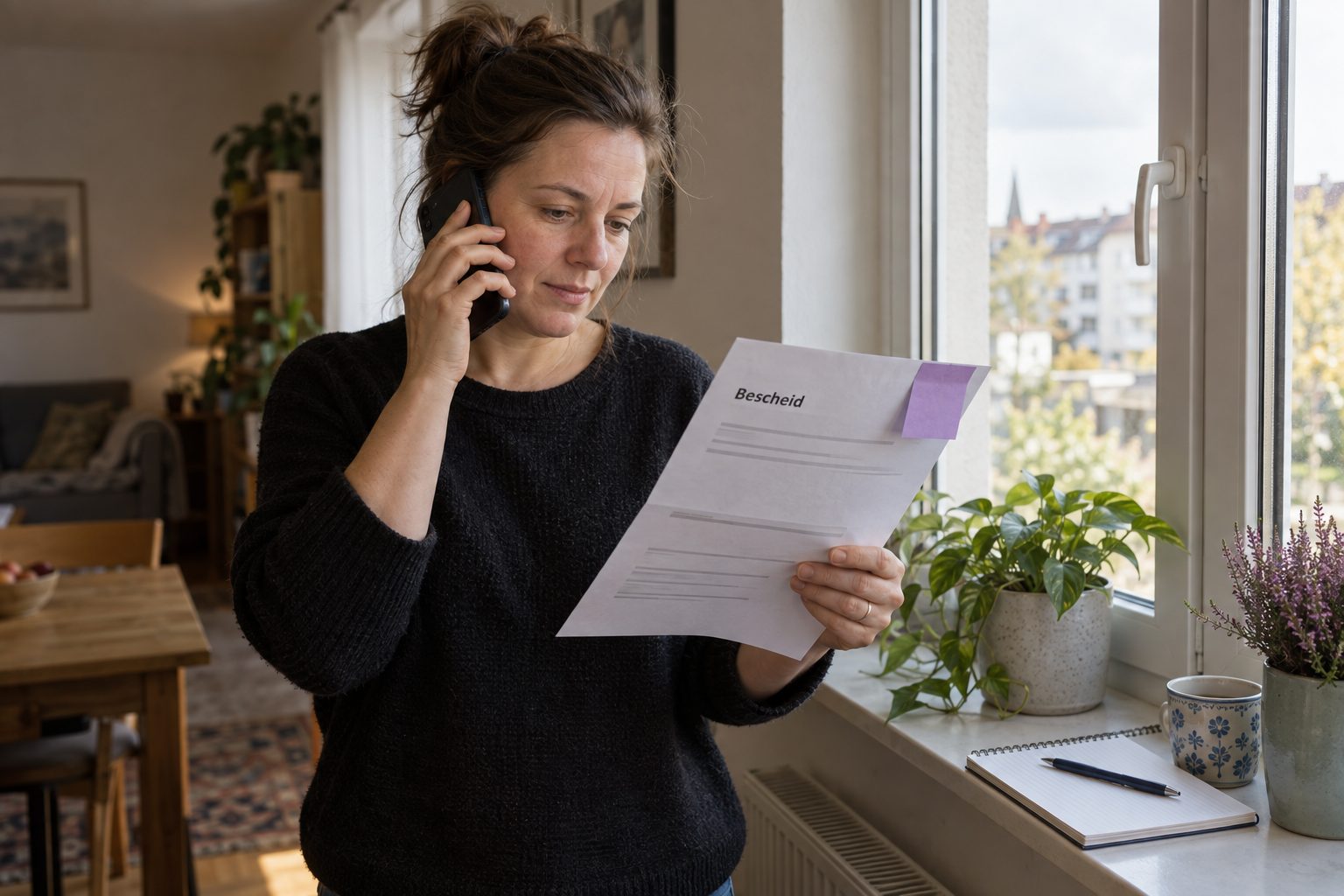 Kobieta rozmawia przez telefon z urzędem, trzymając pismo