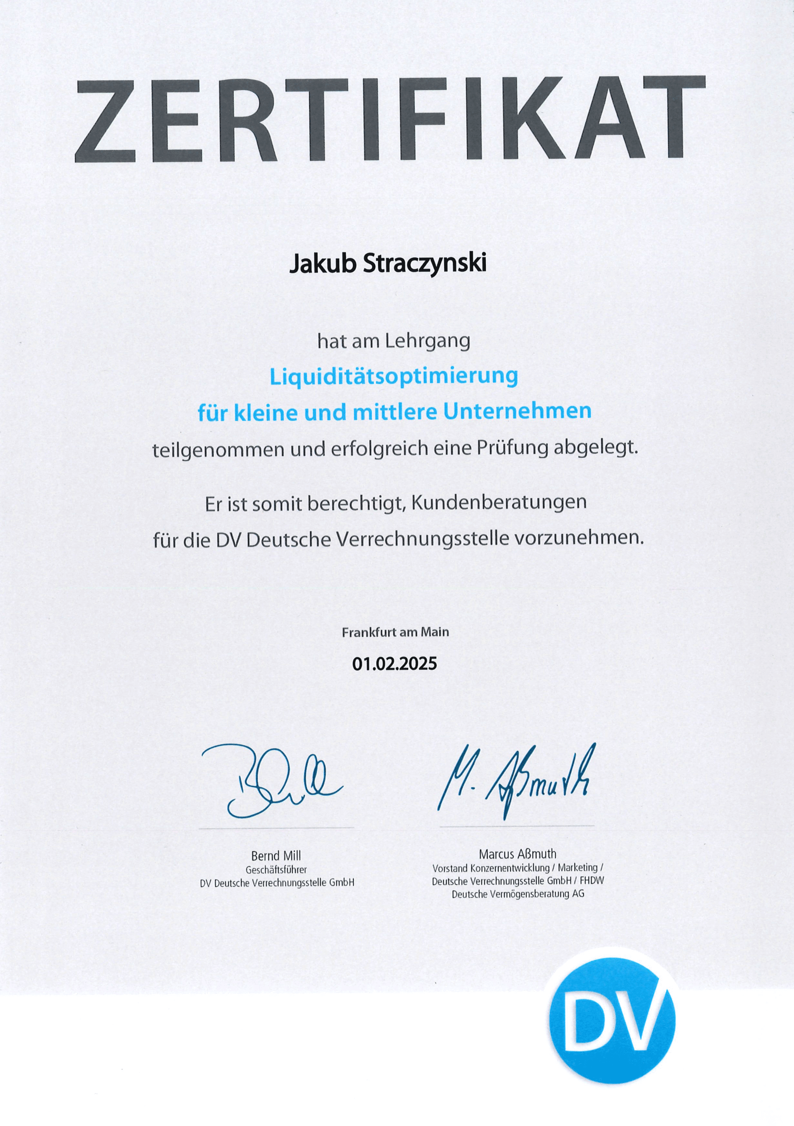 Certyfikat DBBV - Jakub Strączyński